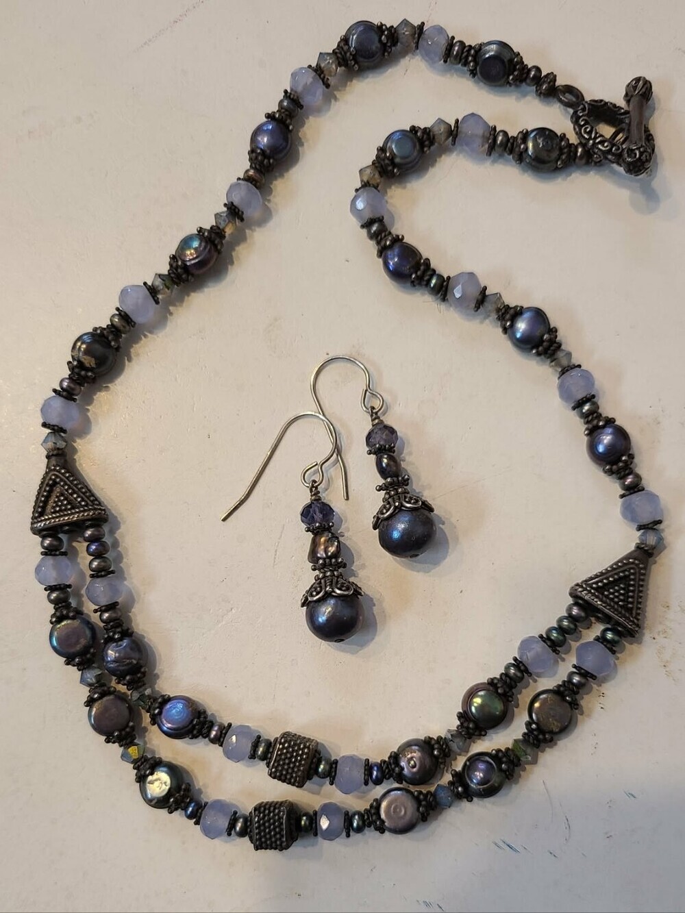 Handcrafted Blue Pearl & Lavender Bead Necklace with Matching Earrings